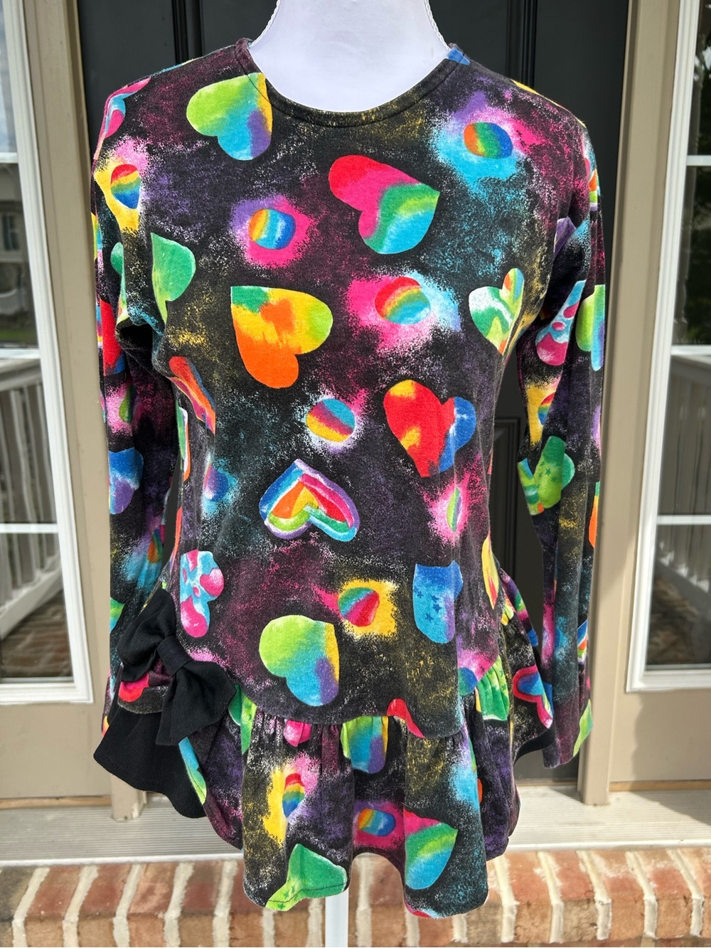 Vintage 90s rainbow neon heart print peplum bow long sleeve top kidcore Large